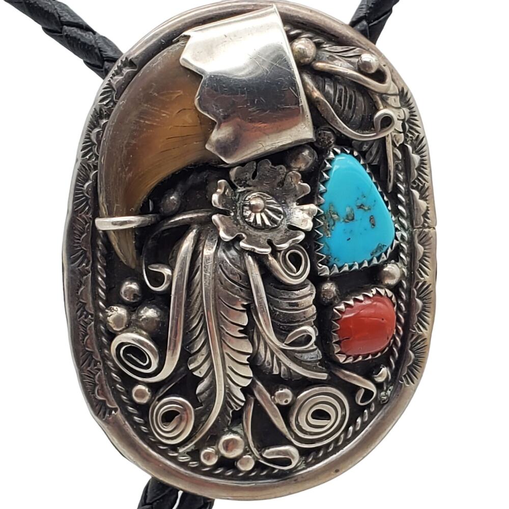 Navajo Sterling Silver Bolo Tie Turquoise Coral Native American Verdy Jake SW - Picture 7 of 13